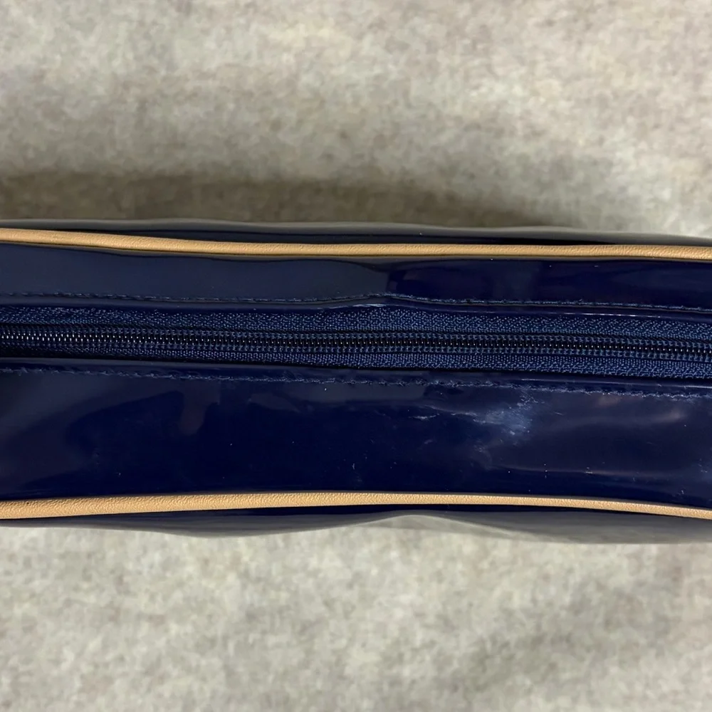 Estée Lauder Make Up Travel Bag Navy Blue Tan Rim‎ Zipper Mirror 10x5x2.5”